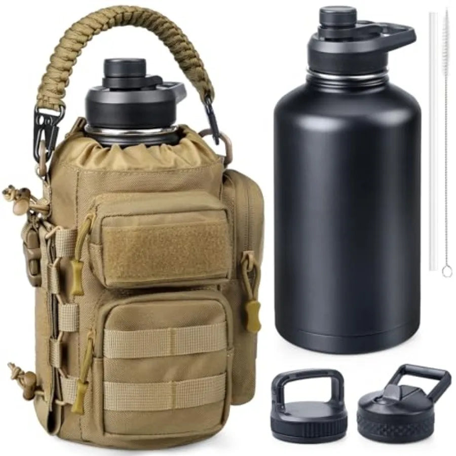64 oz Insulated Water Bottle with Sleeve, Half Gallon Stainless Steel Tactical Water Jug