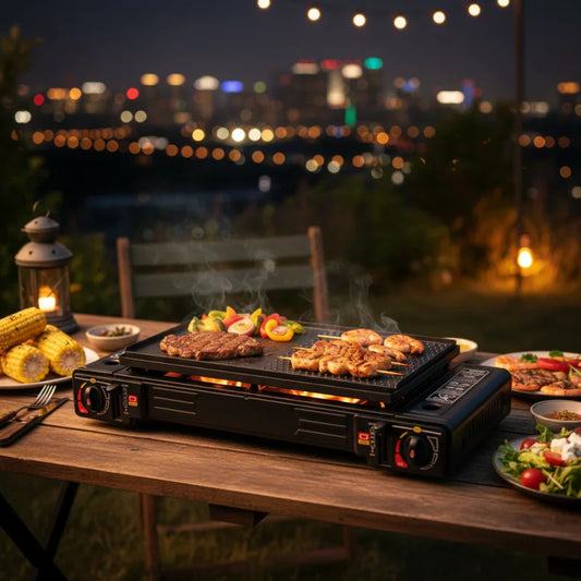 Portable Dual-Burner Propane Camping Stove with Non-Stick Griddle & Carry Case