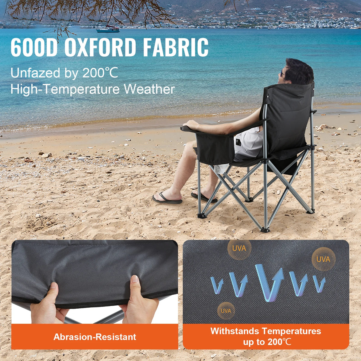 Padded Portable Camping Chair with Lumbar Support & Side Pockets
