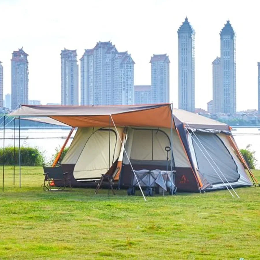 Extra Large 12 Person A Awning Family Cabin Tents 2 Rooms 4 Doors and 4 Windows with Mesh Straight Wall Waterproof