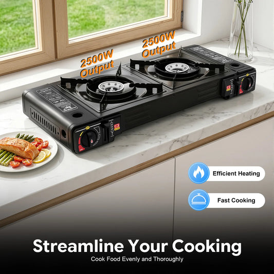 Portable Dual-Burner Propane Camping Stove with Piezo Ignition