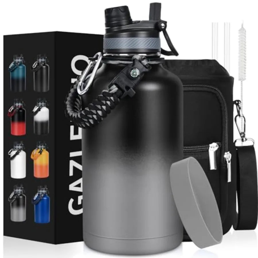 Insulated Water Bottle Half Gallon Water Jug Cold 48H BPA Free Stainless Steel Bottles with Straw/Chug 2-in-1 Lid Bag Paracord