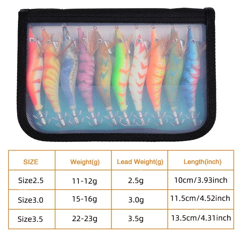 Luminous Wood Shrimp Fishing Lure, Squid Octopus Lure, 3D Eyes, Hard Bait Wobbler, Squid Jig Lure with Bag, 3.0, 10Pcs