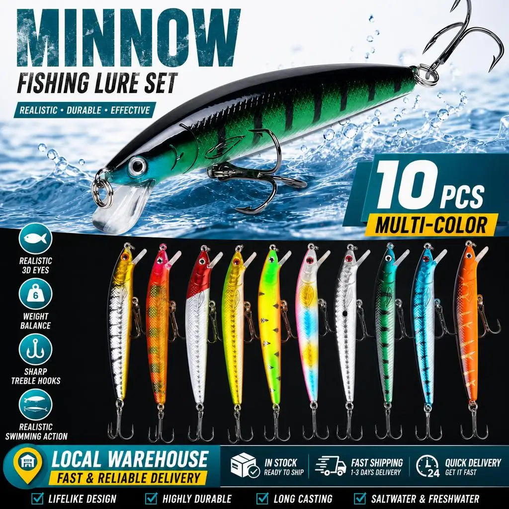 10-Pack Floating Minnow Crankbaits Set with Portable Tackle Box