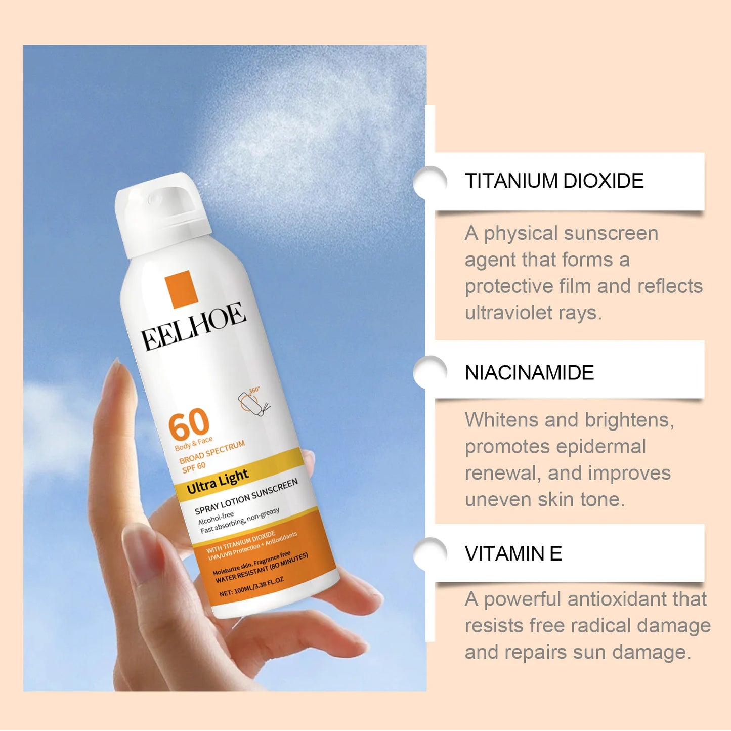 EELHOE Vitamin E Sunscreen Spray 100ml Long-lasting Deep Moisturizing Anti-UV Skin Protector
