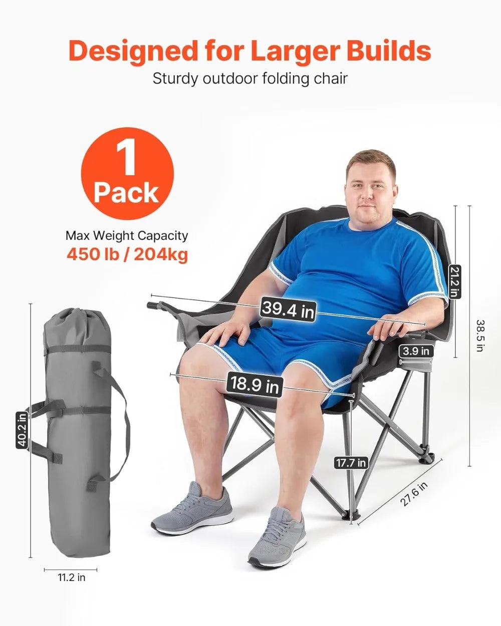450 lbs Heavy Duty Camping Chair, Oversized Padded Folding Chair with Cup Holders, Portable for Outdoor Fishing