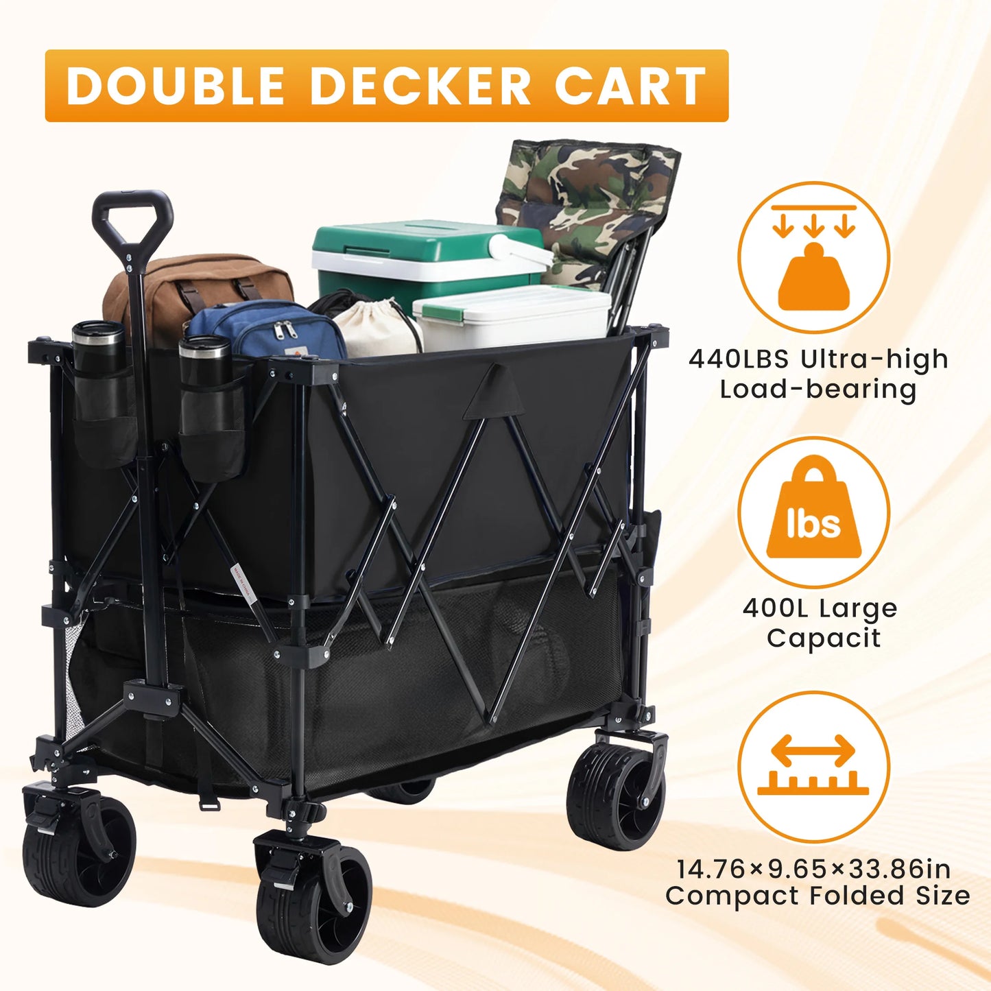 JHK Outdoor Double Decker Wagons Cart 440 lbs Large Capacity Collapsible Foldable Garden Beach Cart for Grocery Garden Camping
