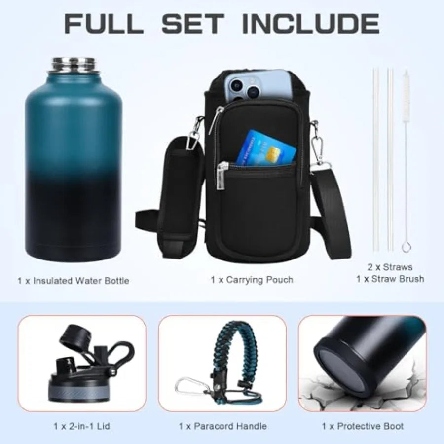 Insulated Water Bottle Half Gallon Water Jug Cold 48H BPA Free Stainless Steel Bottles with Straw/Chug 2-in-1 Lid Bag Paracord