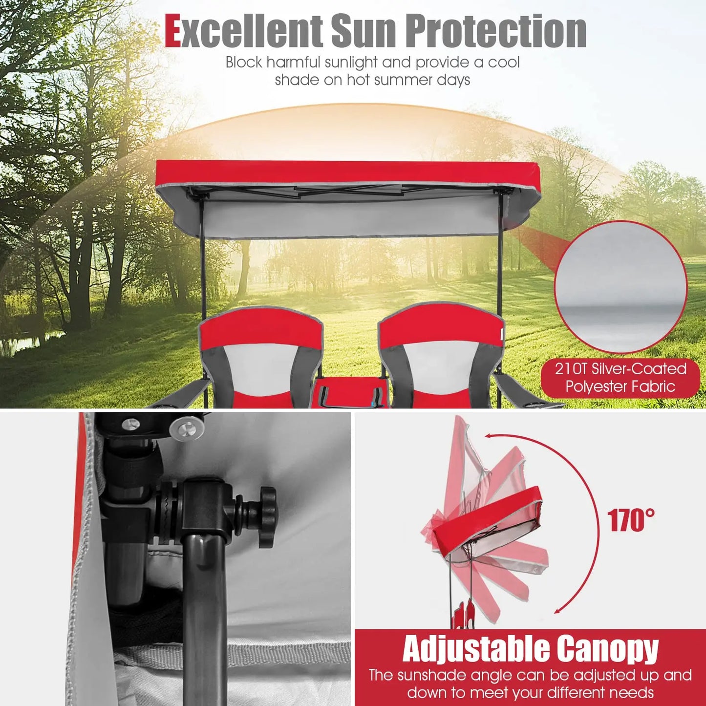 Double Folding Camping Chair With Adjustable Canopy Cooler Table 2 Cup Holders Portable Beach Chair For Outdoor Picnic Fishing