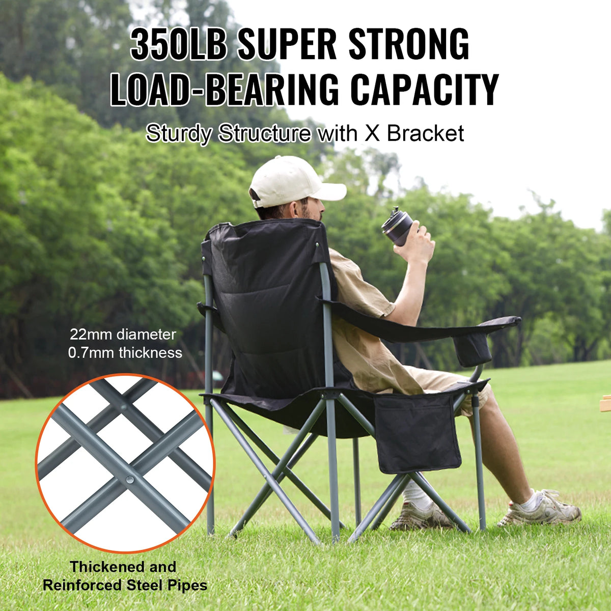 Padded Portable Camping Chair with Lumbar Support & Side Pockets