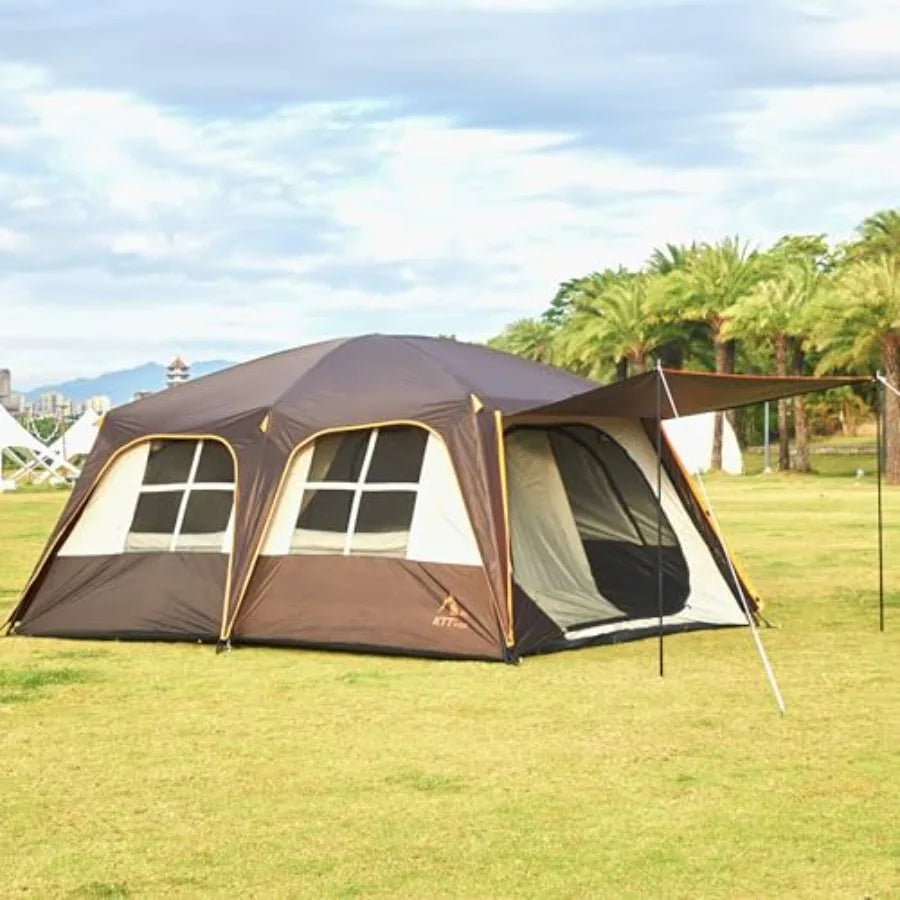 Extra Large 12 Person A Awning Family Cabin Tents 2 Rooms 4 Doors and 4 Windows with Mesh Straight Wall Waterproof