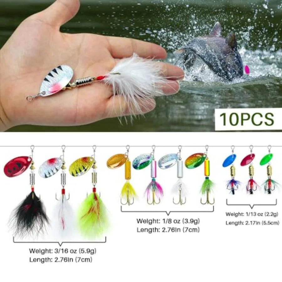 10-Pack Rooster Tail Spinner Lures with Tackle Box for Bass, Trout & Salmon
