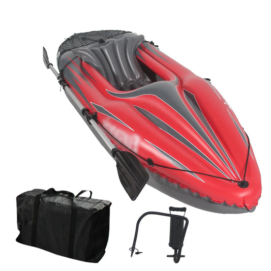 Inflatable Kayak Fishing Boat 1 Person Adult Red Canoe, with Paddles, Bag, Seats, High-Output Pump, Fin