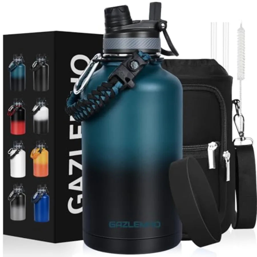 Insulated Water Bottle Half Gallon Water Jug Cold 48H BPA Free Stainless Steel Bottles with Straw/Chug 2-in-1 Lid Bag Paracord