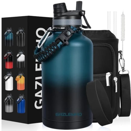 Insulated Water Bottle Half Gallon Water Jug Cold 48H BPA Free Stainless Steel Bottles with Straw/Chug 2-in-1 Lid Bag Paracord