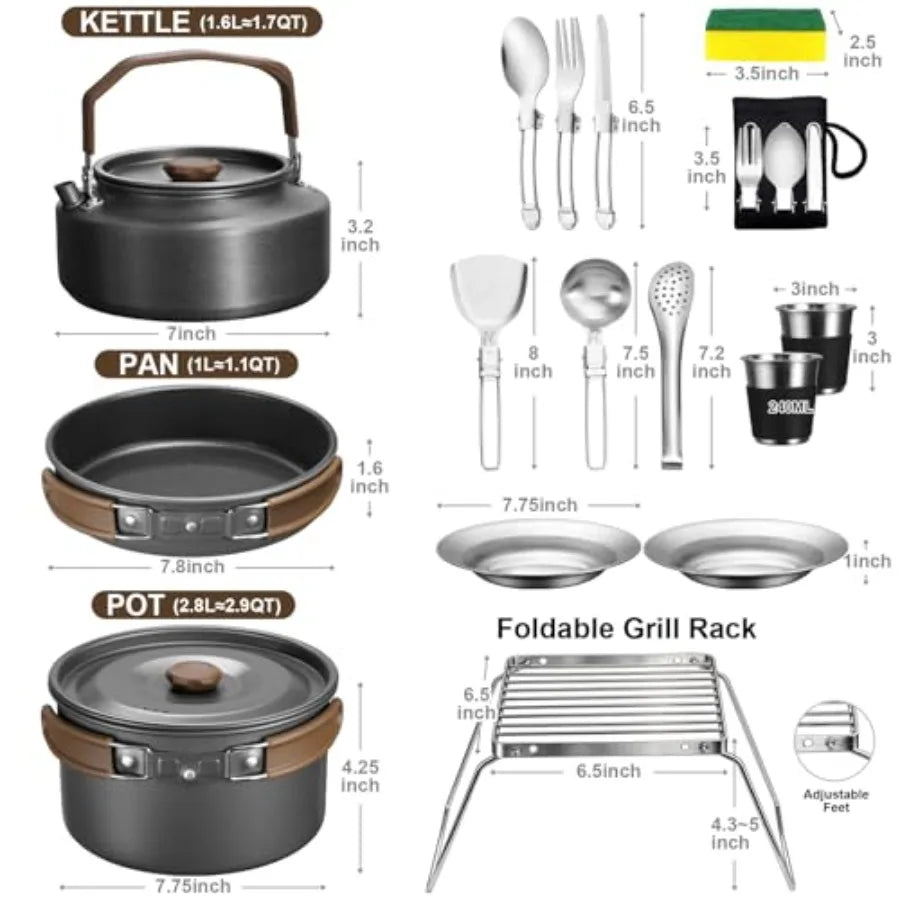 18-Piece Nonstick Camping Cookware Mess Kit with Kettle & Mini Grill