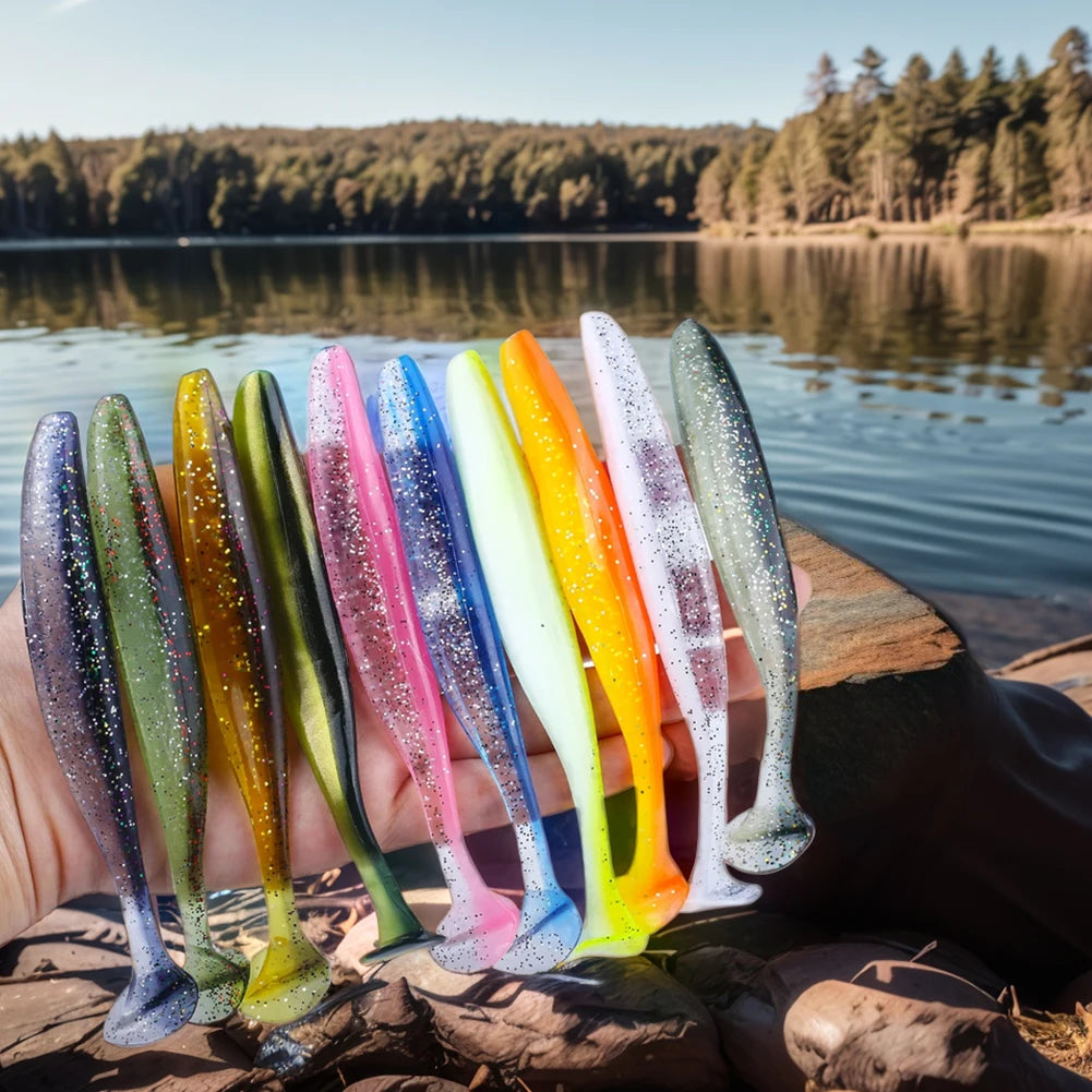 10Pcs 9cm Fishing Lures T Tail Worm Soft Bait Paddle Tail Swim Baits for Bass Trout Freshwater Saltwater