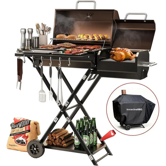 Portable Charcoal Grill Foldable with Wheels, Multi-Tier Storage Rack & Waterproof Cover