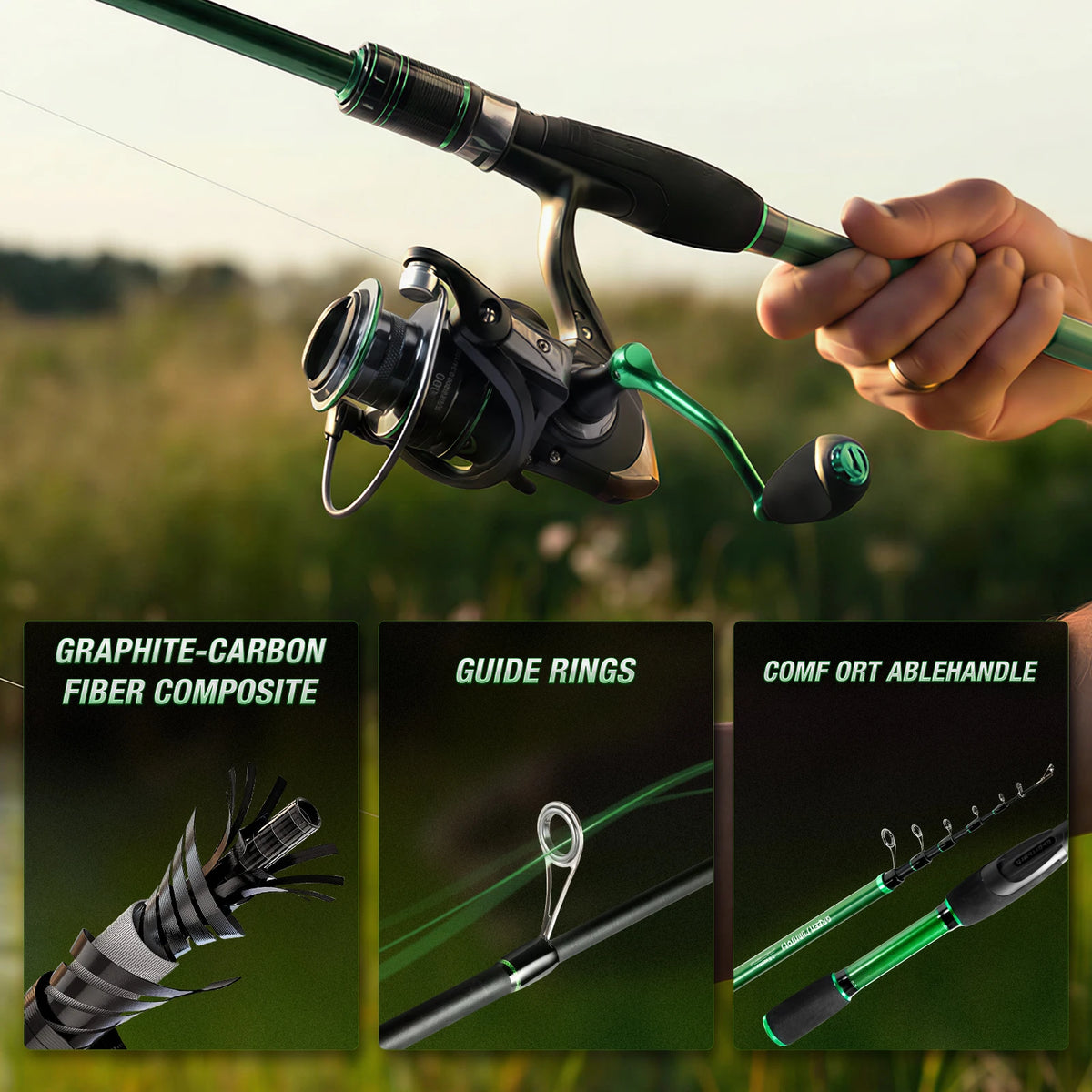 Telescopic Graphite Fishing Rod & Reel Combo Set with Travel Carrier Bag