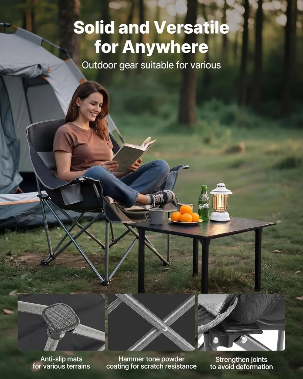 450 lbs Heavy Duty Camping Chair, Oversized Padded Folding Chair with Cup Holders, Portable for Outdoor Fishing