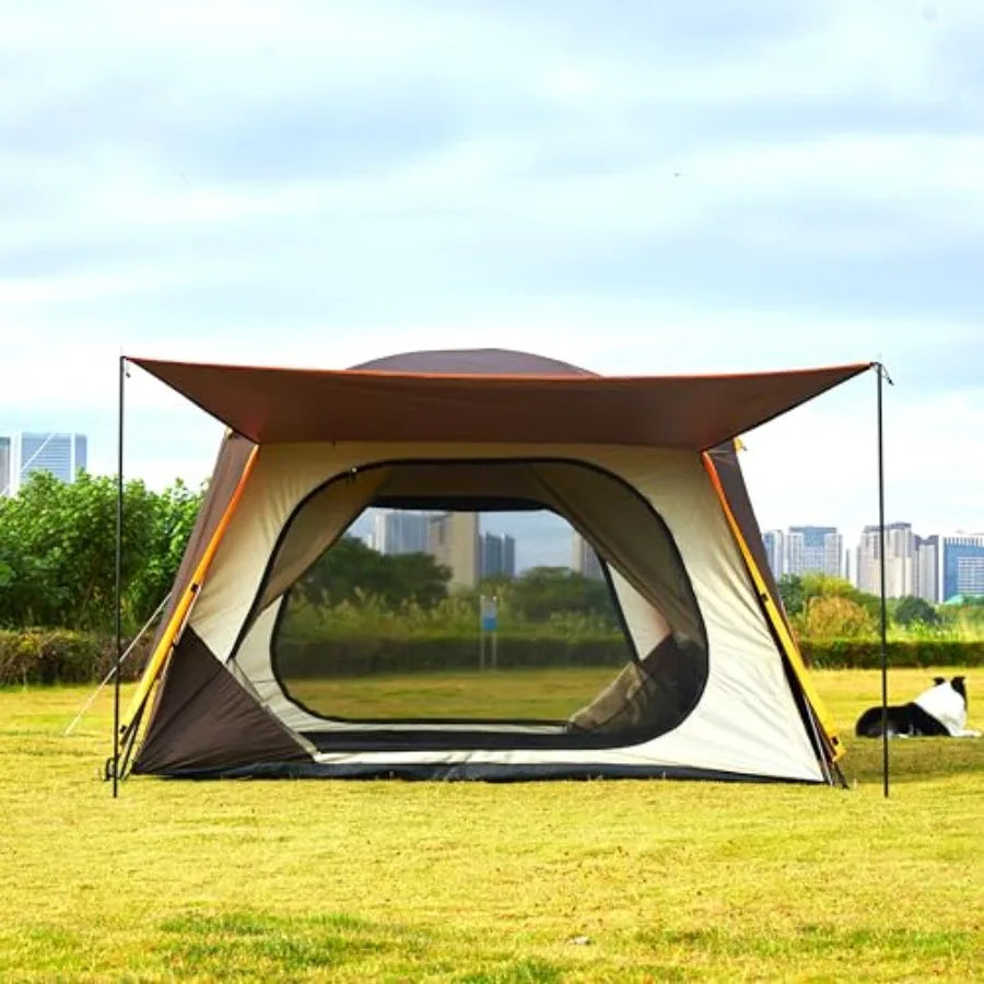 Extra Large 12 Person A Awning Family Cabin Tents 2 Rooms 4 Doors and 4 Windows with Mesh Straight Wall Waterproof