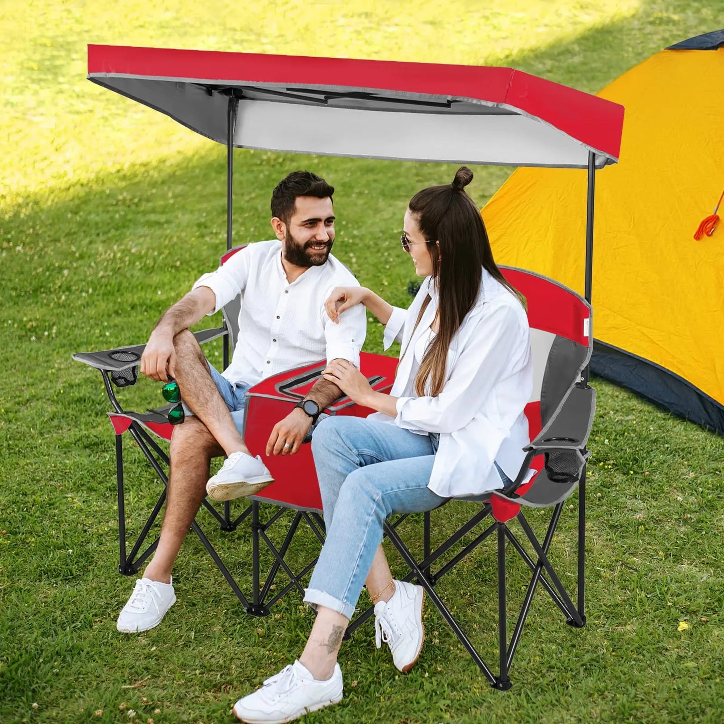 Double Folding Camping Chair With Adjustable Canopy Cooler Table 2 Cup Holders Portable Beach Chair For Outdoor Picnic Fishing