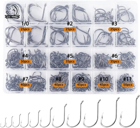 Small Fishing Hooks 1000/400/150PCS Barbed Catfish Bend Eye Circle Hook for Dad Fish Kit Size1-12