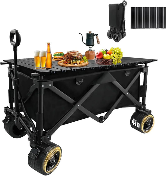 Heavy Duty Collapsible Folding Wagon with Table, 440LBS Capacity Utility Wagon Cart with All-Terrain Wheels