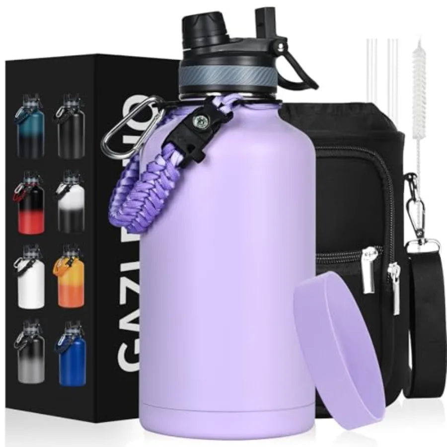 Insulated Water Bottle Half Gallon Water Jug Cold 48H BPA Free Stainless Steel Bottles with Straw/Chug 2-in-1 Lid Bag Paracord