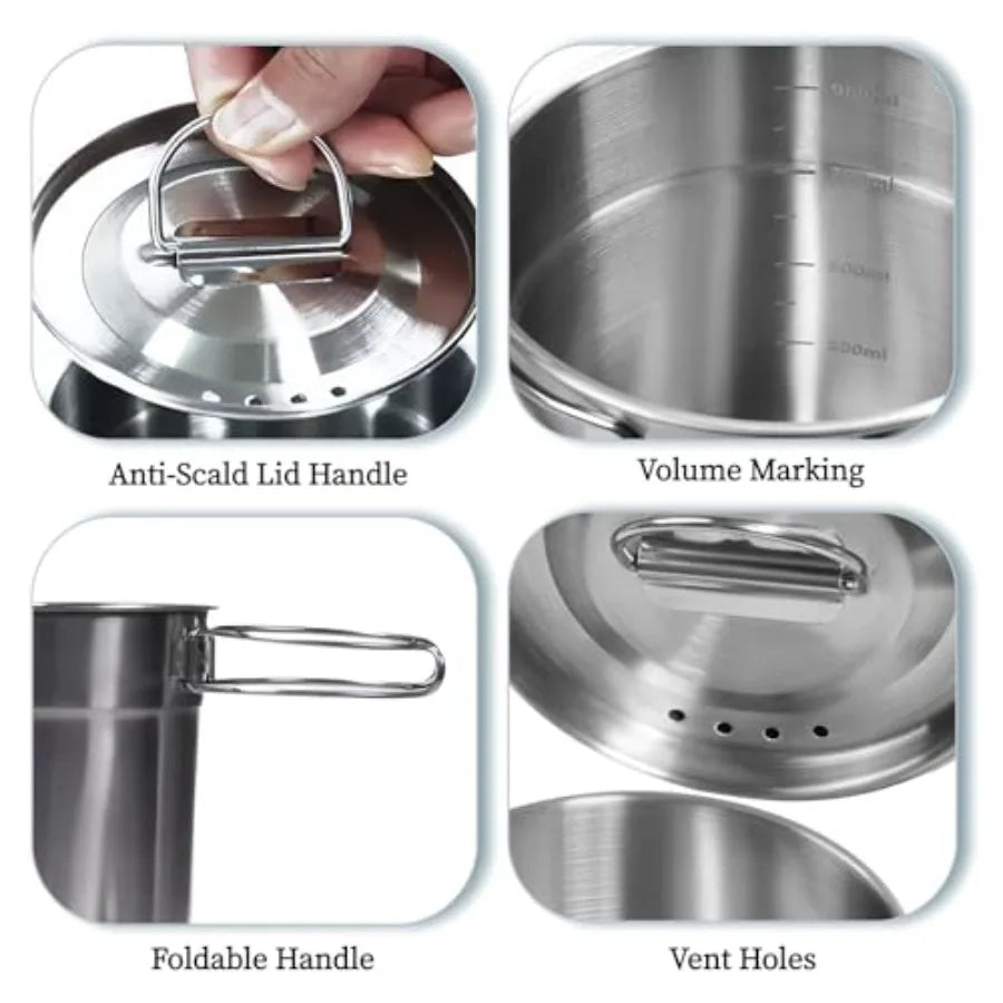 Stainless Steel Camping Pot & Mug Set with Vented Lid