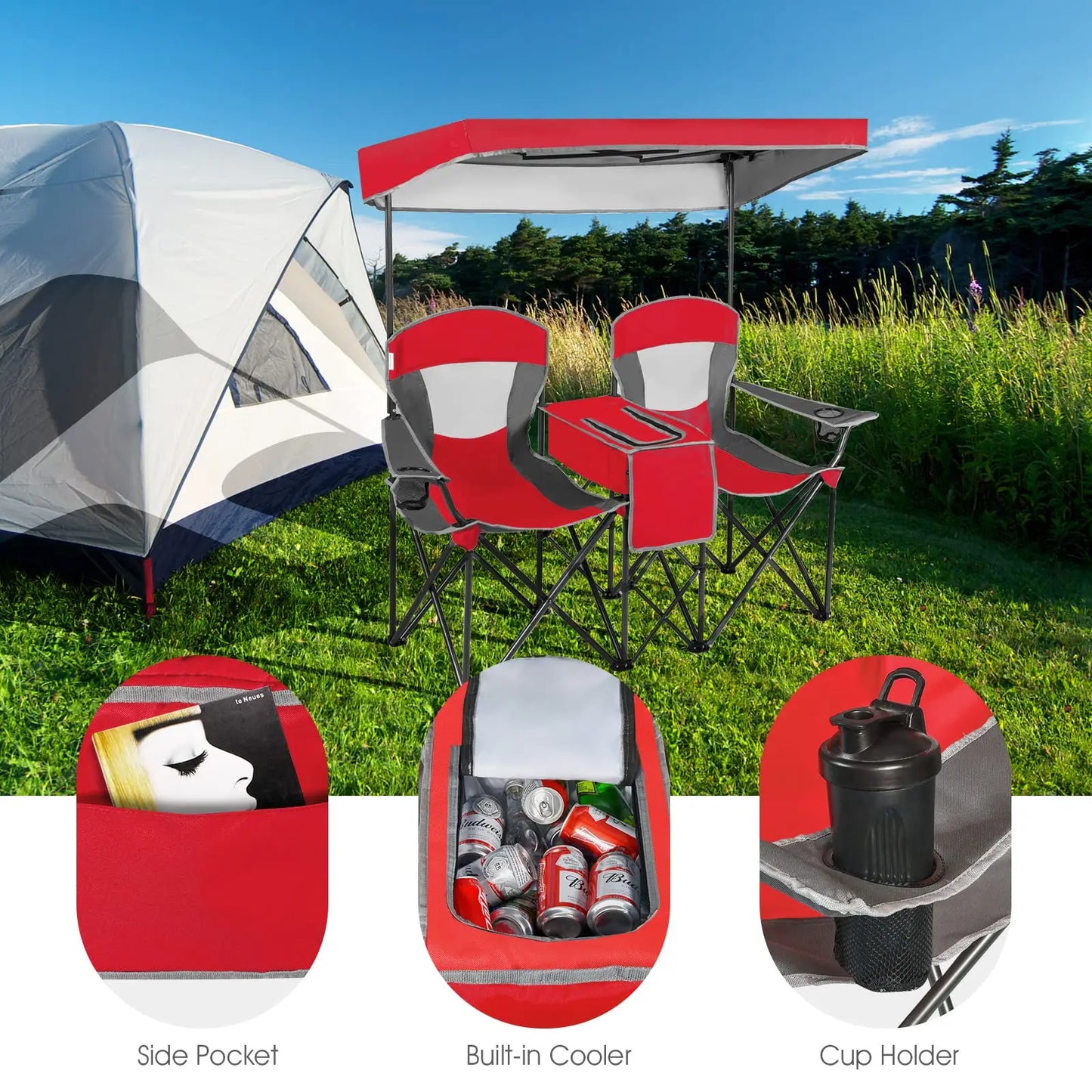 Double Folding Camping Chair With Adjustable Canopy Cooler Table 2 Cup Holders Portable Beach Chair For Outdoor Picnic Fishing
