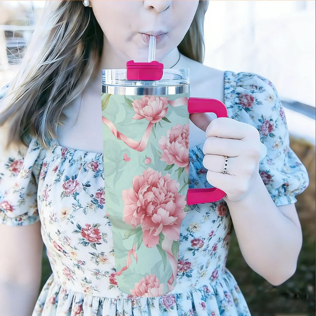 40 oz Floral Stainless Steel Vacuum Travel Tumbler with Straw