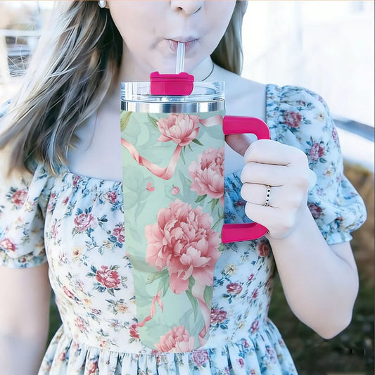 40 oz Floral Stainless Steel Vacuum Travel Tumbler with Straw