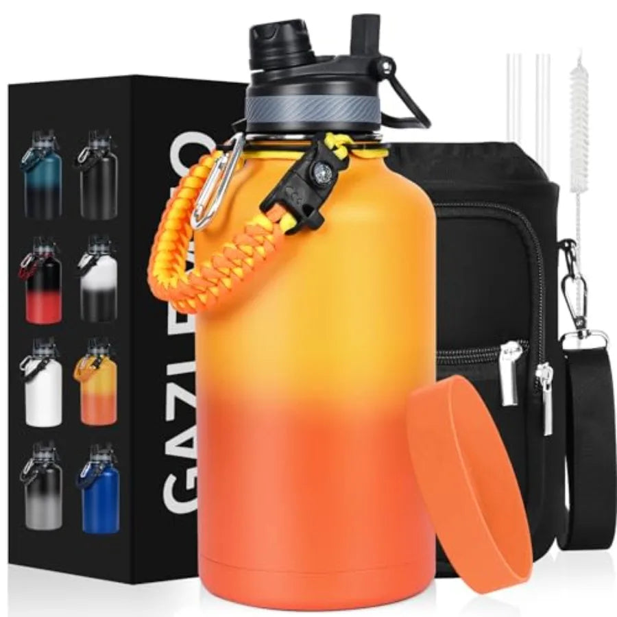 Insulated Water Bottle Half Gallon Water Jug Cold 48H BPA Free Stainless Steel Bottles with Straw/Chug 2-in-1 Lid Bag Paracord