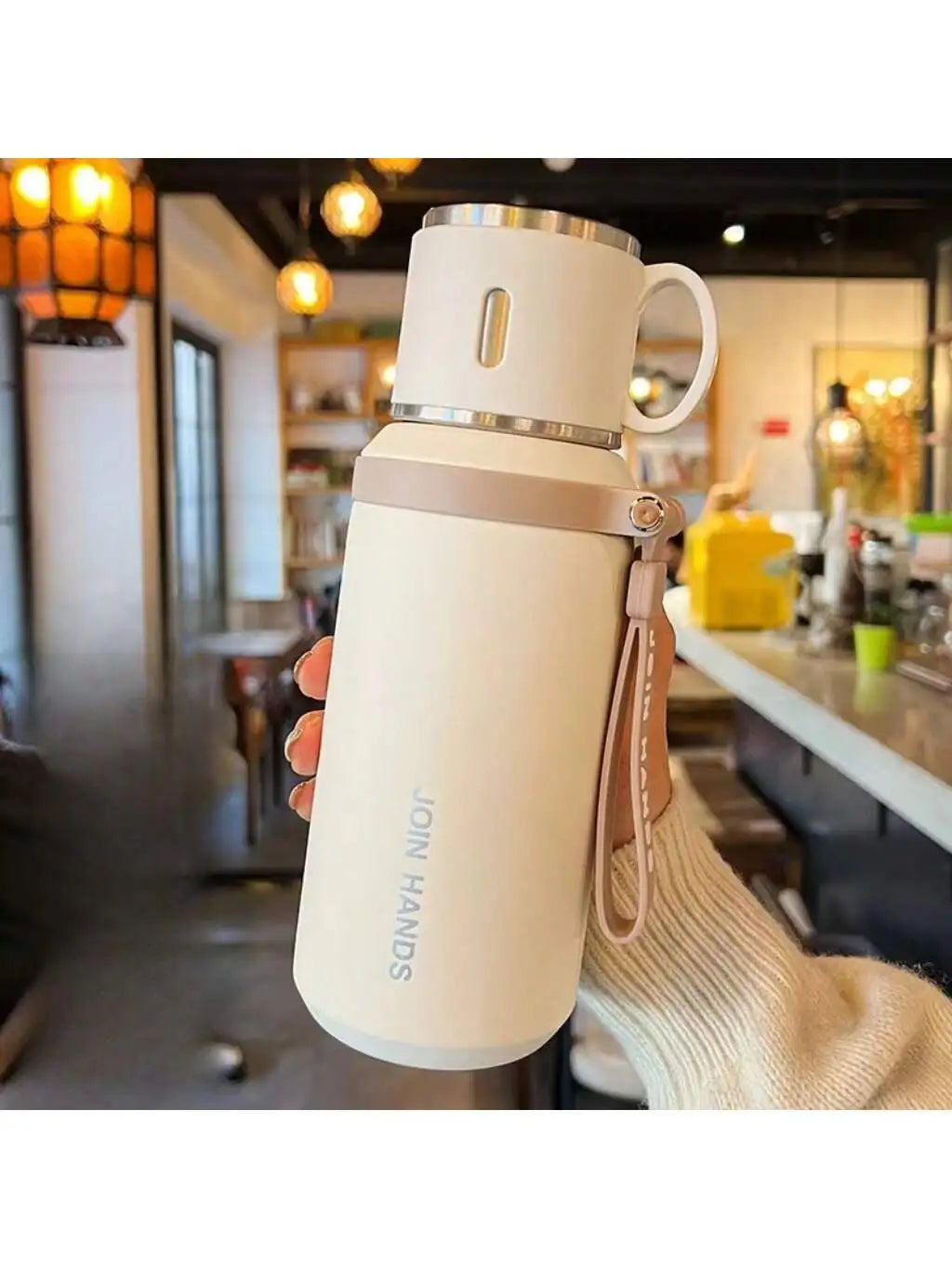 304 Stainless Steel Vacuum Insulated Flask with Cup Lid & Strap