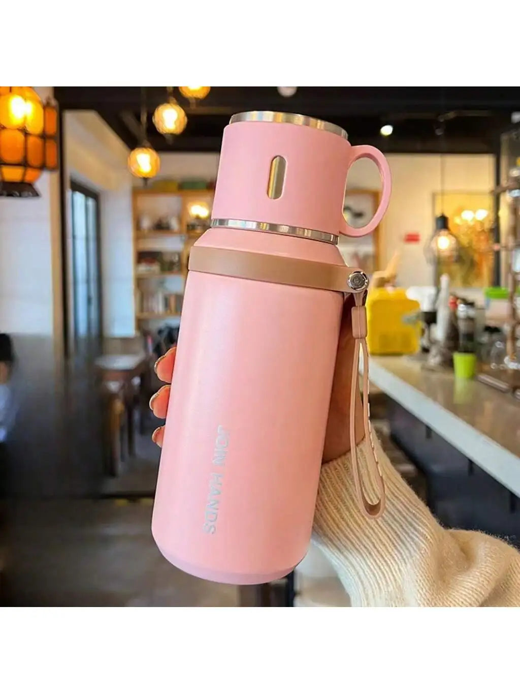 304 Stainless Steel Vacuum Insulated Flask with Cup Lid & Strap