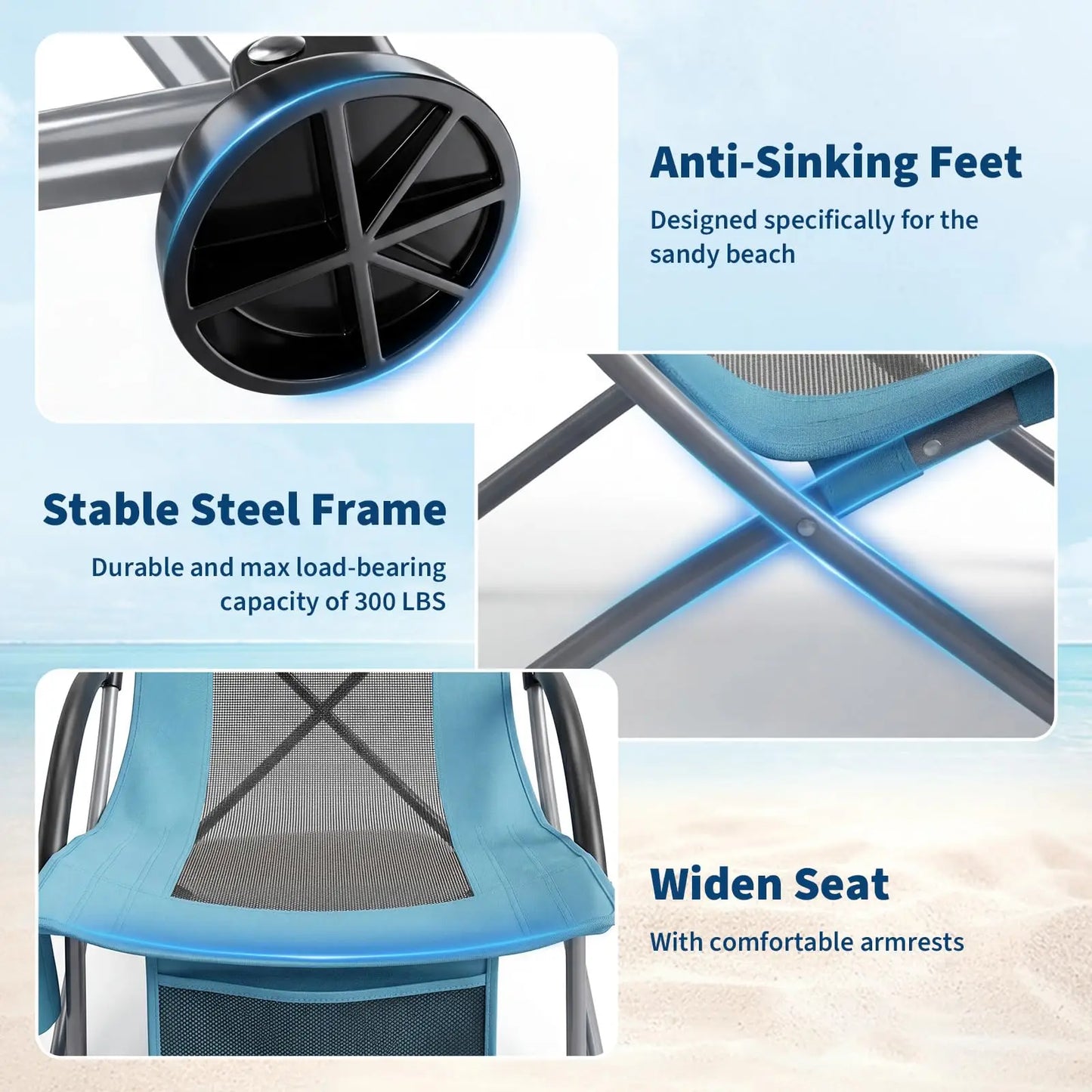 High Back Beach Chair, Folding Beach Chairs, Extra Wide Seat Chair with Cup Holder