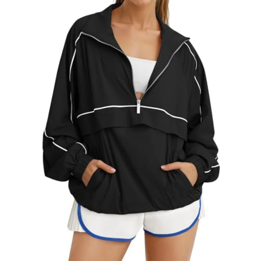 Fisoew Quarter Zip Pullover Women UPF 50+ Lightweight Windbreaker Jacket Running Hiking Outdoor Pullover with Pocket