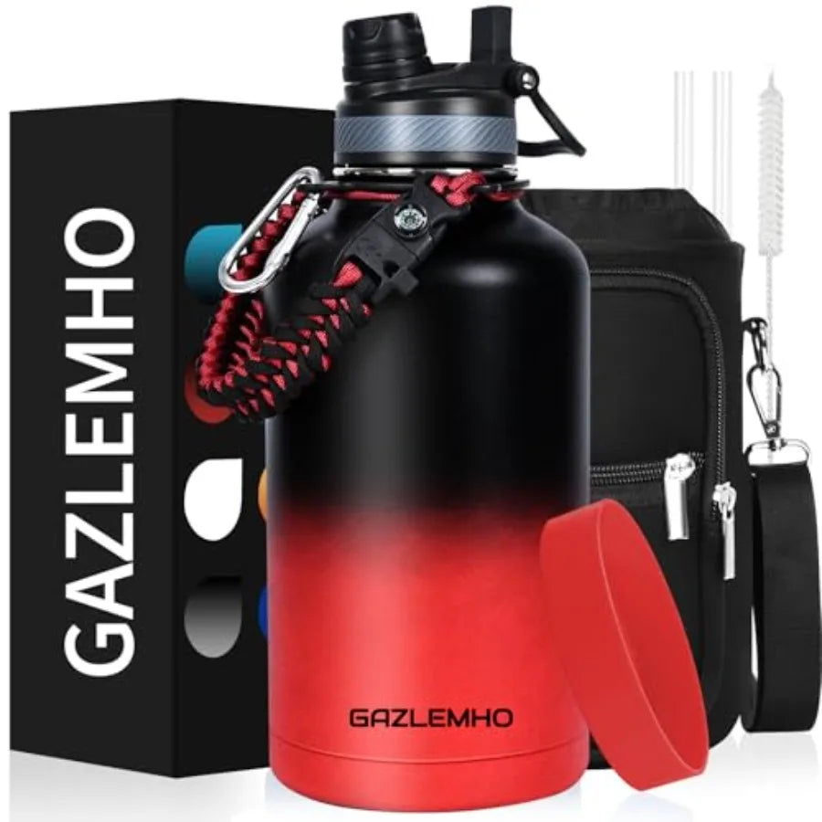 Insulated Water Bottle Half Gallon Water Jug Cold 48H BPA Free Stainless Steel Bottles with Straw/Chug 2-in-1 Lid Bag Paracord