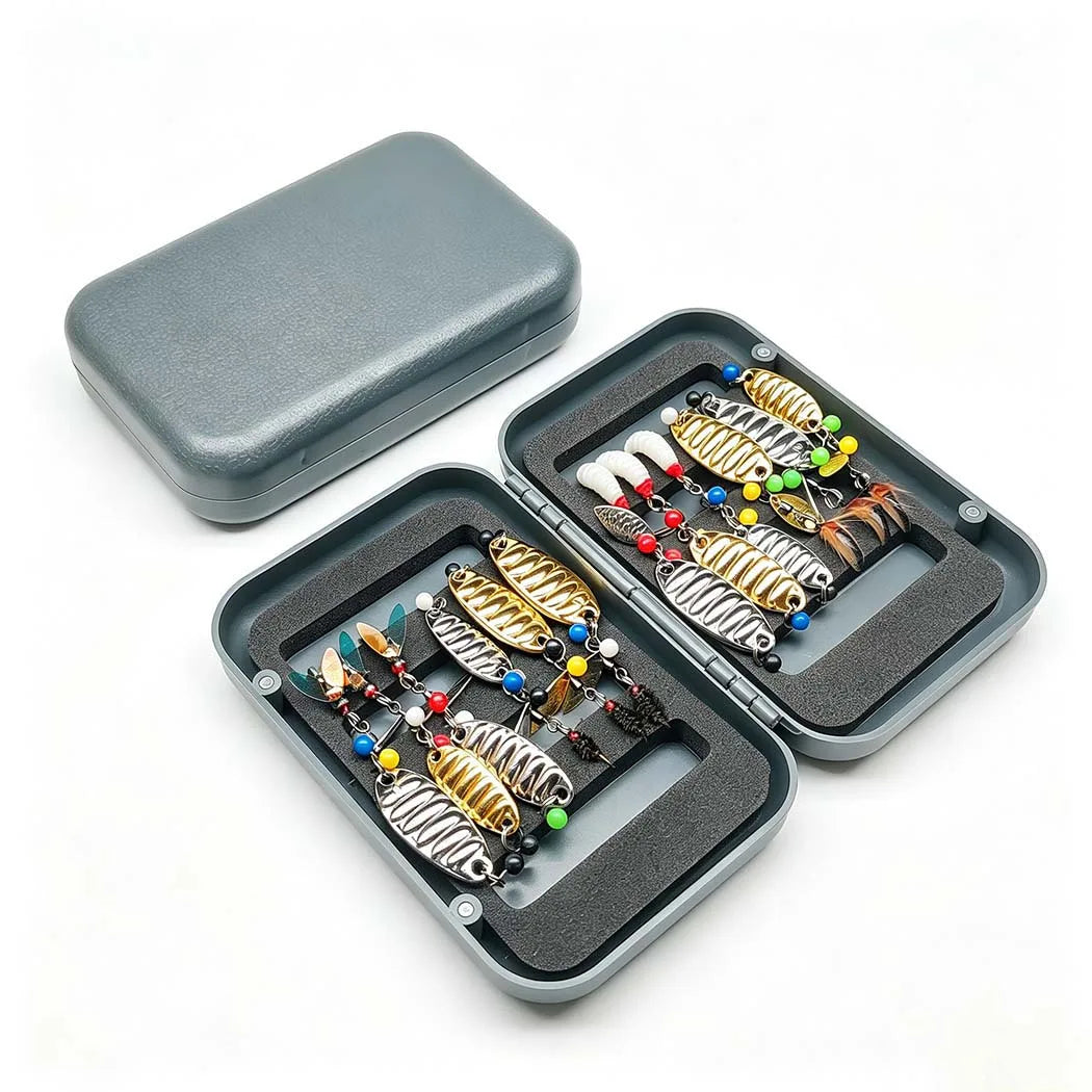 12-Pack Handmade Fly Fishing Flies & Sequins Kit (#6, #10, #16) with Storage Box
