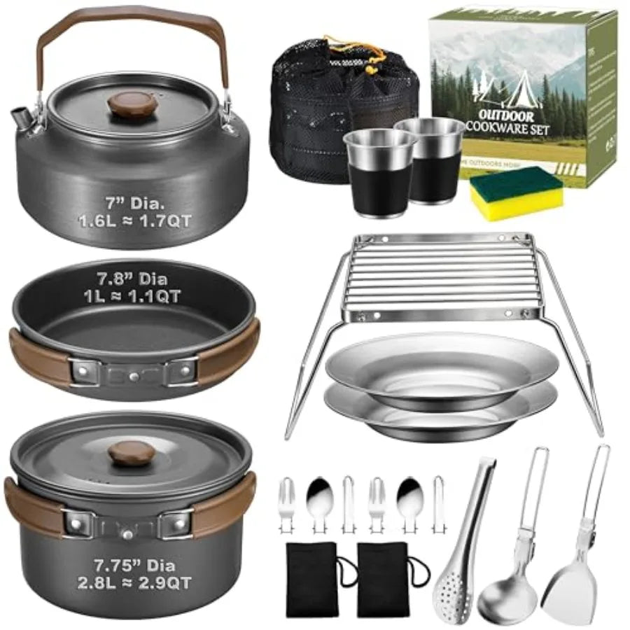 18-Piece Nonstick Camping Cookware Mess Kit with Kettle & Mini Grill