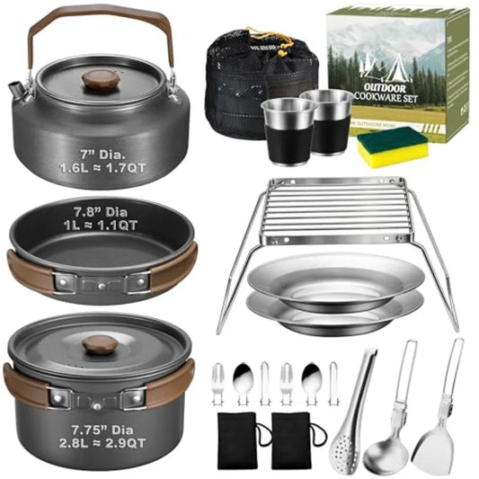 18-Piece Nonstick Camping Cookware Mess Kit with Kettle & Mini Grill