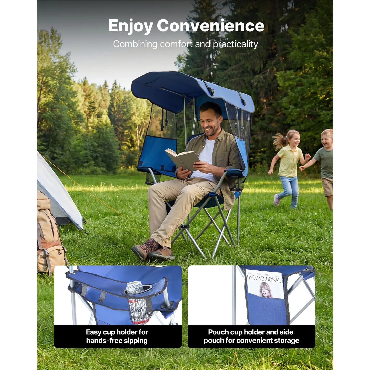 SucceBuy Camping Chair with Canopy Shade Folding Beach Chair with Canopy & Magazine Pocket for Outdoor Camp Fishing Tailgates