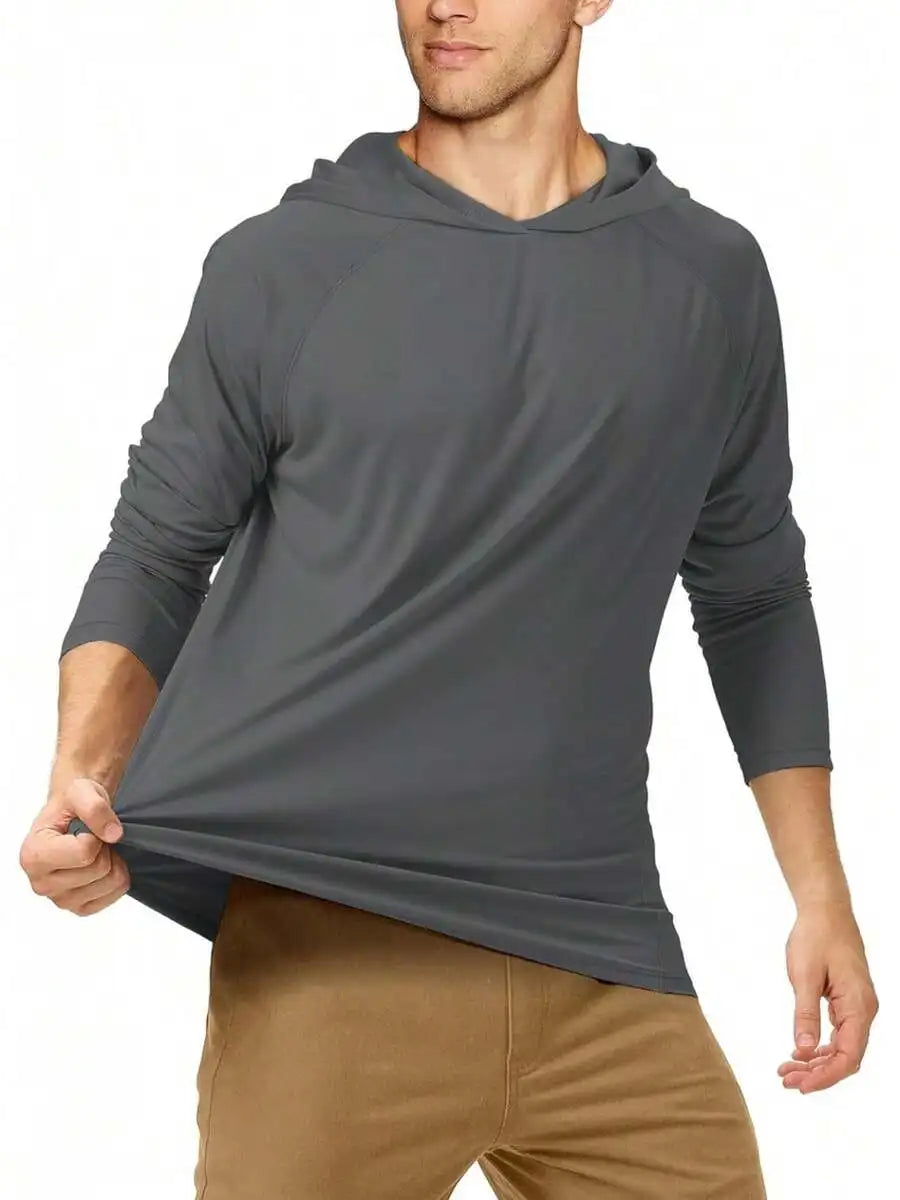 Mens Long Sleeve UV Protection Hooded Shirt UPF 50+ Outdoor Hiking Fishing Rash Guard