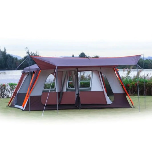 Extra Large 12 Person A Awning Family Cabin Tents 2 Rooms 4 Doors and 4 Windows with Mesh Straight Wall Waterproof