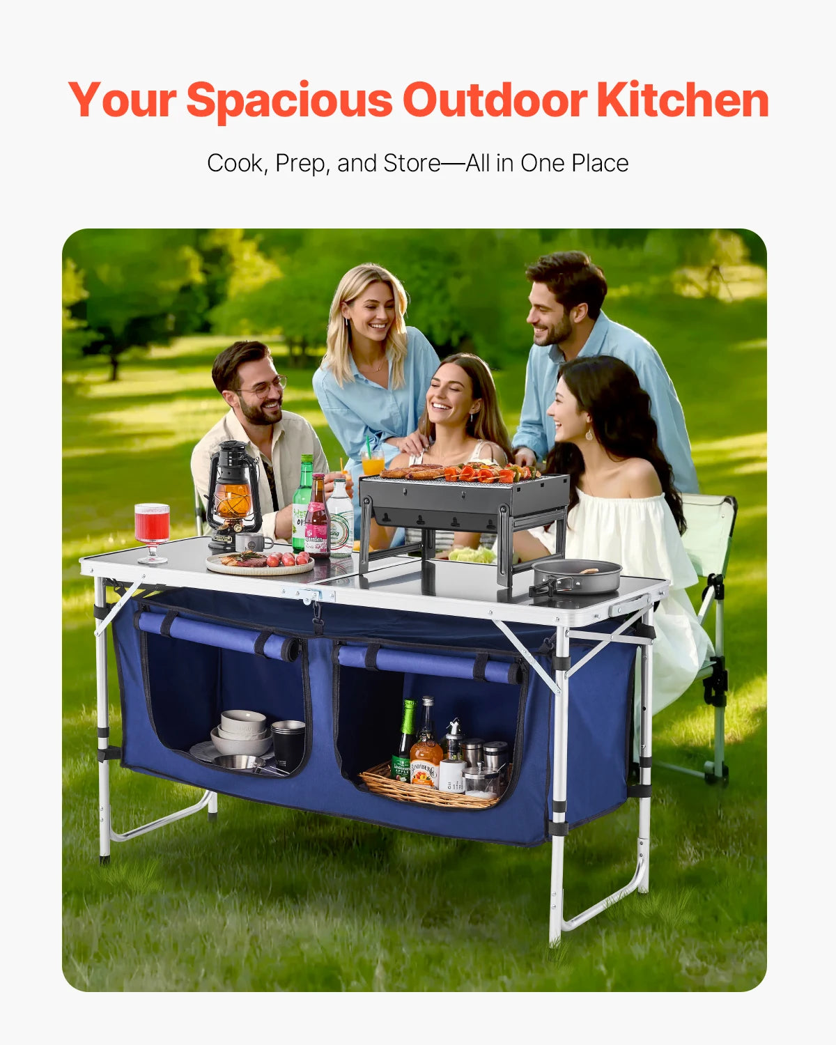 SucceBuy Camping Kitchen Table Folding Outdoor Cooking Table Aluminum Lightweight Portable Cook Station Foldable Camp Table