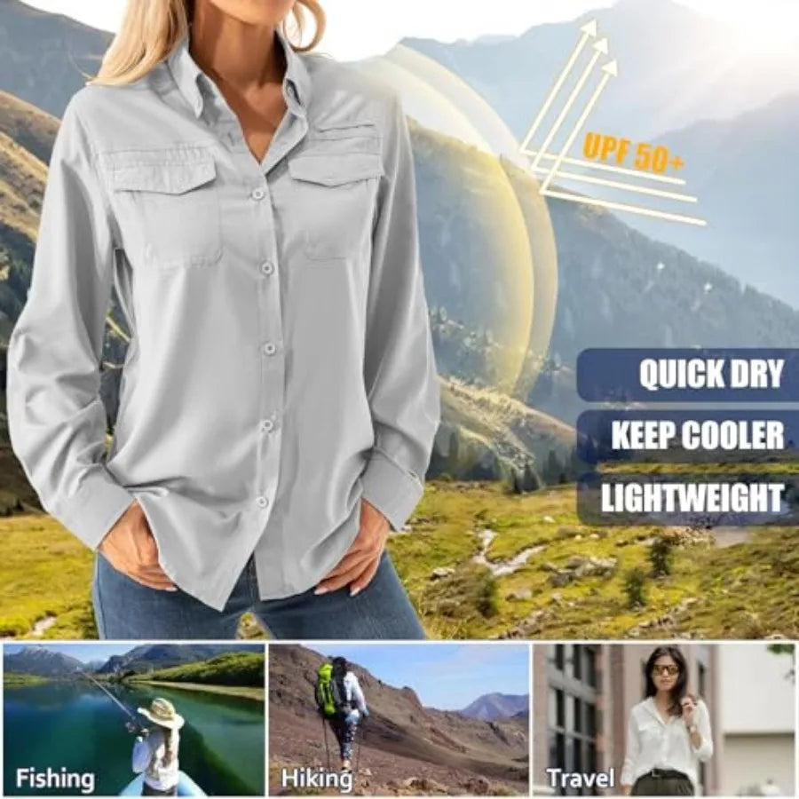 Women's UPF 50+ Long Sleeve UV Shirts Sun Protection Outdoor Cool Quick Dry Fishing Hiking Safari Travel Gardening Shirts