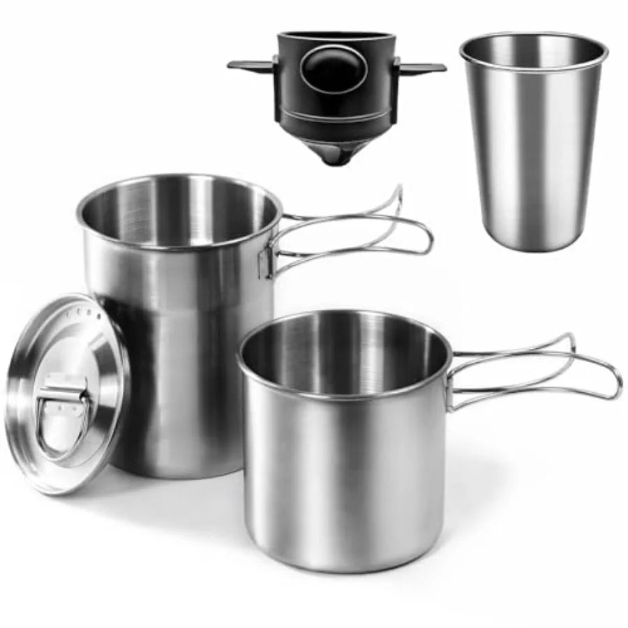 Stainless Steel Camping Pot & Mug Set with Vented Lid