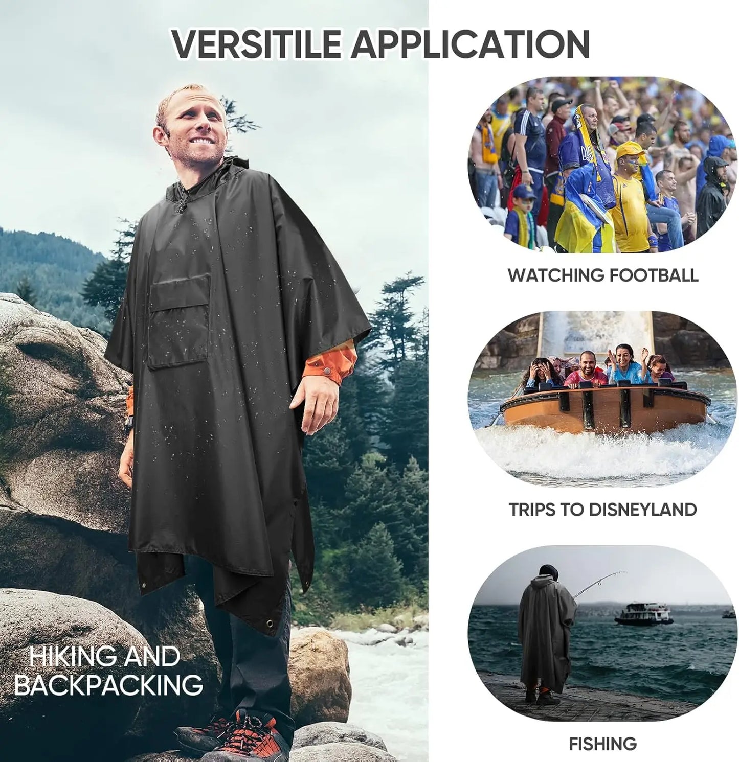 Waterproof Hooded Rain Poncho for Adults with Pocket, Lightweight Unisex Raincoat for Hiking Camping Emergency