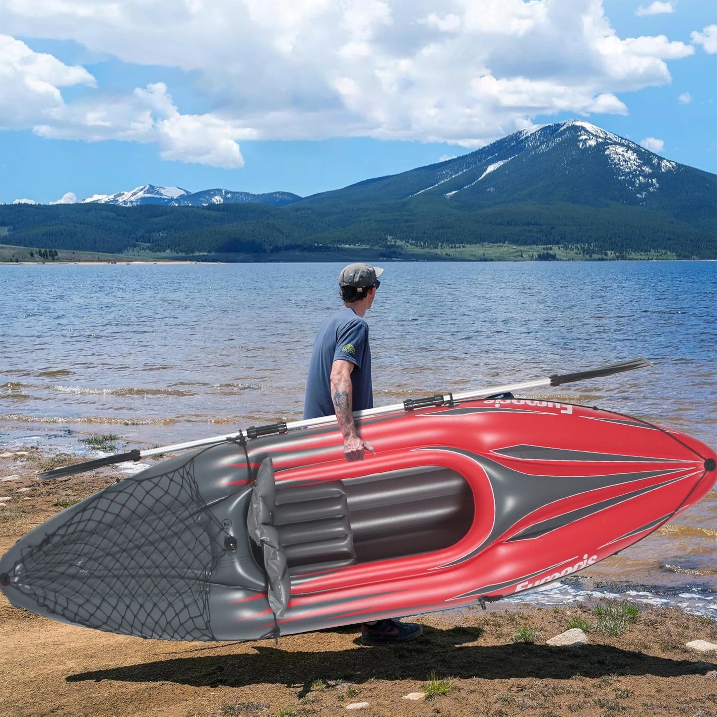 Inflatable Kayak Fishing Boat 1 Person Adult Red Canoe, with Paddles, Bag, Seats, High-Output Pump, Fin